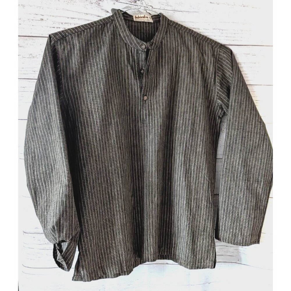 New Kurta Shirt Men 1/3 Button Up Brown 100% Cotton Striped Cuffless Long Sleeve